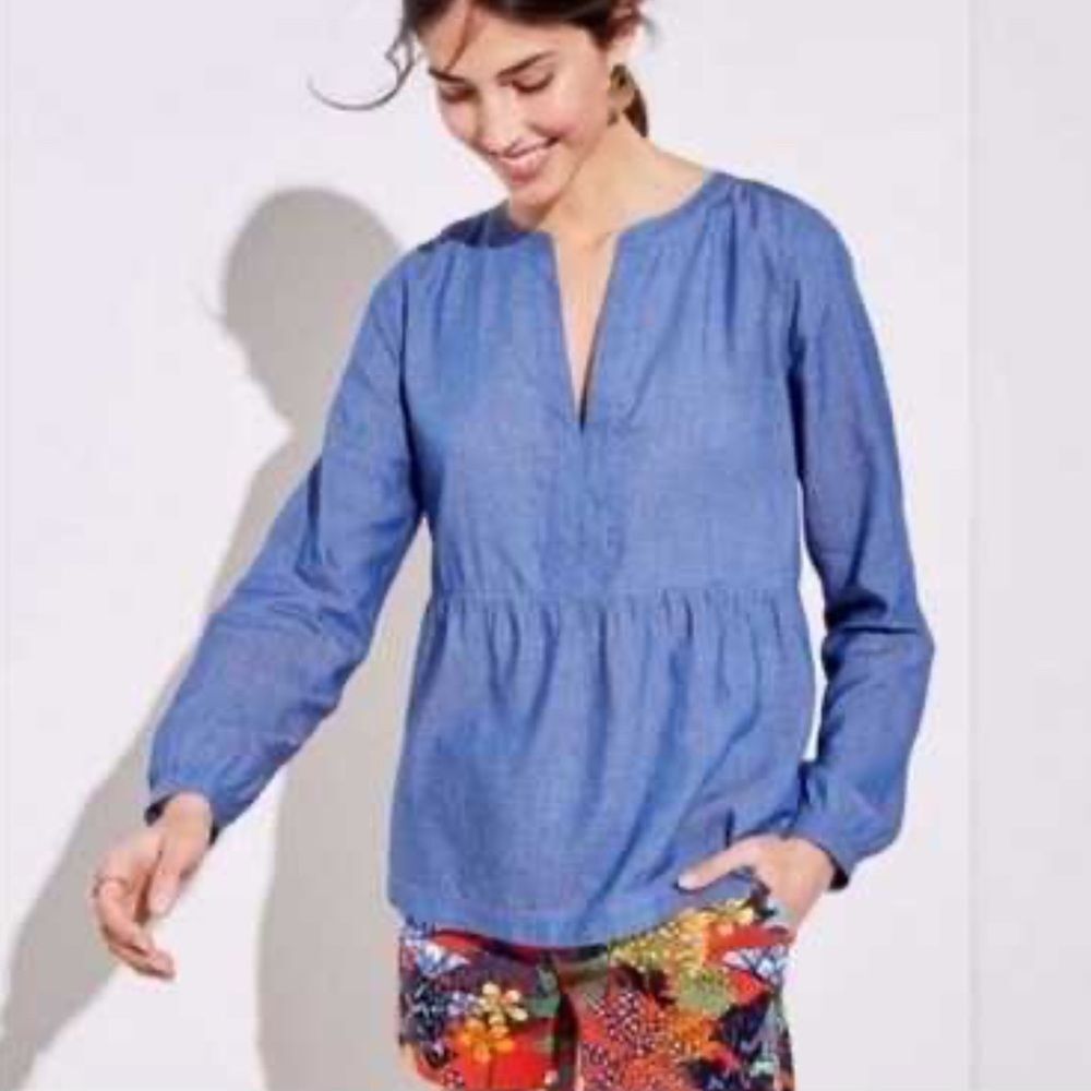 LOFT Long Sleeve Blouse Peplum Blouse in Chambray Blue Size M